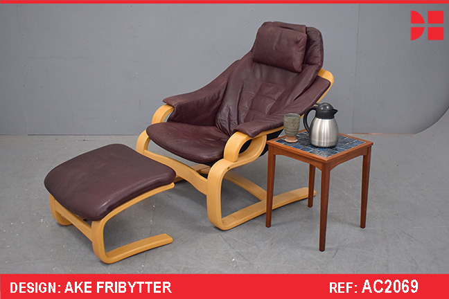 Krokken chair by Ake Fribytter in red ox leather with beech frame