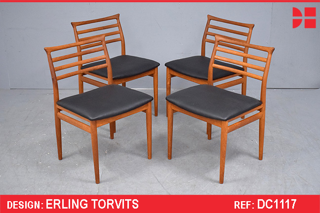 Set of 4 vintage teak dining chairs with leather upholstery | Erling Torvitz design