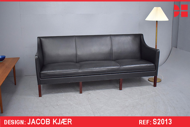 Jacob Kjaer design vintage black leather 3 seat sofa 