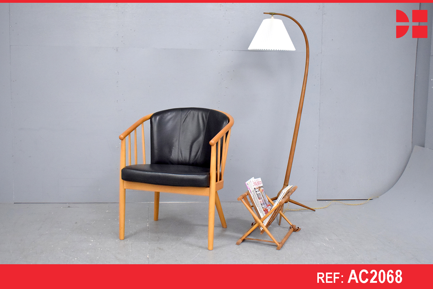 Modern Danish beech frame tub chair with leather cushions