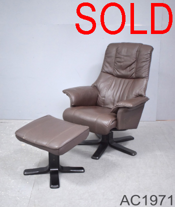 Leather swivel & recliner chair with footstool | Brown leather