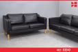 Vintage black leather 2 seater box sofa with oak legs - view 1