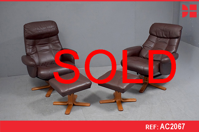Brown leather reclining swivel chair and matching footstool | Sømo A/S