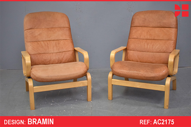 Vintage tan leather armchair with beech frame - BRAMIN Mobelfabrik