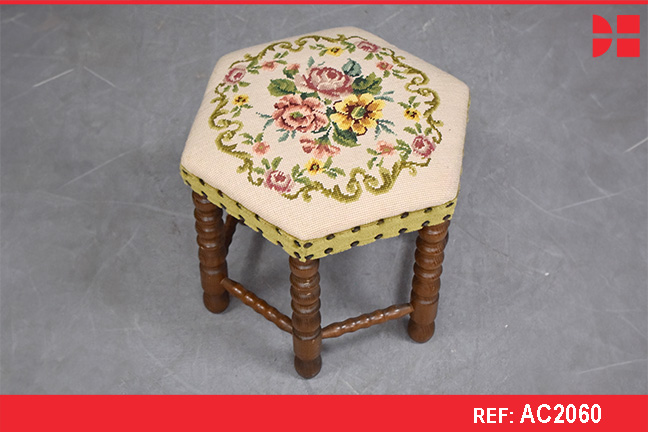 Antique embroided stool with turned oak legs