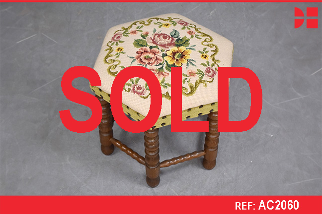 Antique embroided stool with turned oak legs