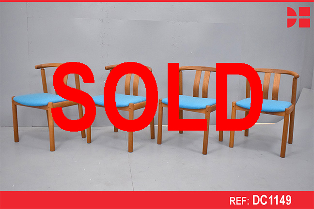 Set of 4 vintage teak dining chairs with blue wool upholstery