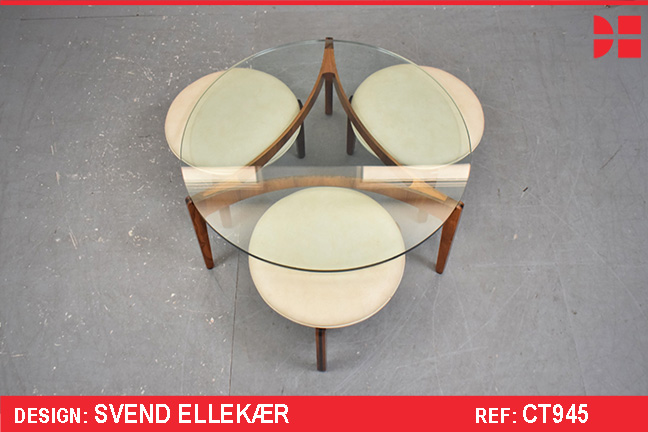 Vintage rosewood glass top lounge table |with 3 stools | Svend Ellekaer design