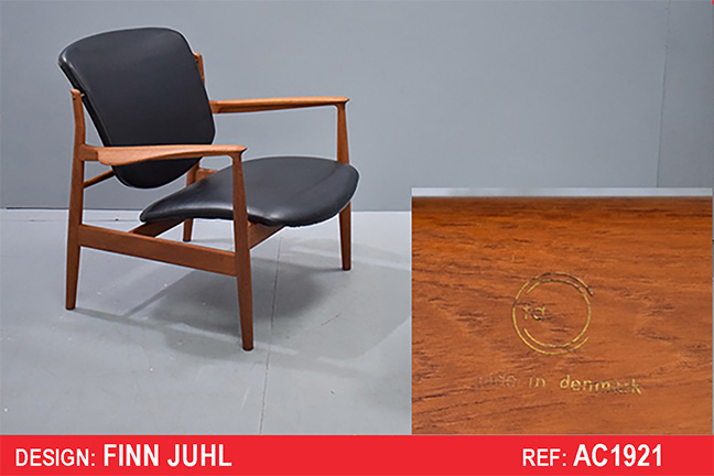 Finn Juhl armchair in teak and black vinyl | France chair