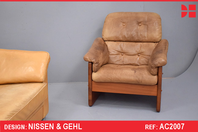 Vintage leather and teak high back armchair by NISSEN & GEHL 