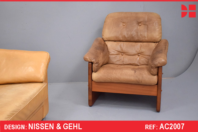 Vintage leather and teak high back armchair by NISSEN & GEHL