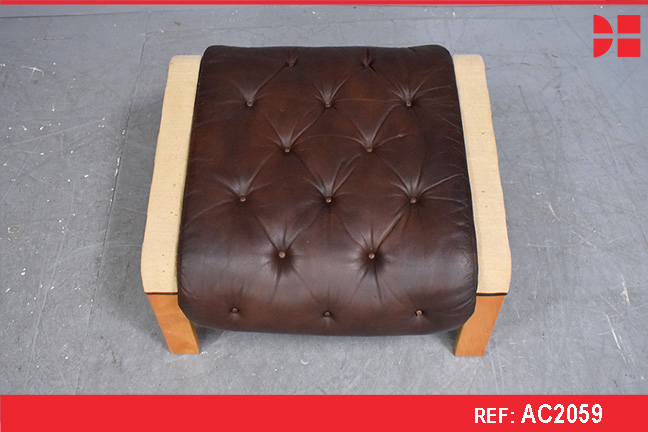 Dark brown leather foot rest with beech frame