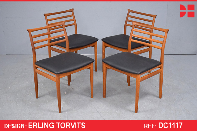 Set of 4 vintage teak dining chairs with leather upholstery | Erling Torvitz design