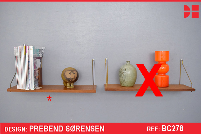Vintage teak wall mounted display shelf with brass supports | PS System