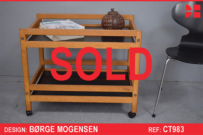 Vintage oak frame cart with black formica shelves - Borge Mogensen
