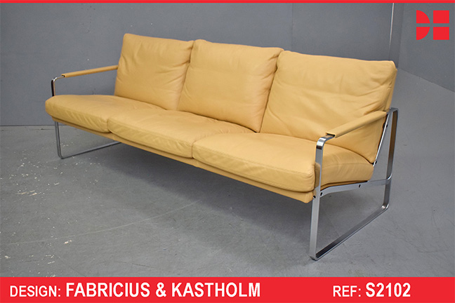 Vintage tan leather 3 seat sofa by Fabricius & Kastholm