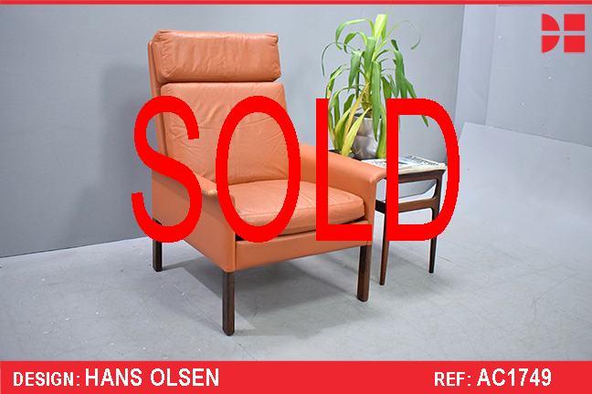 Hans Olsen vintage leather armchair with high back 