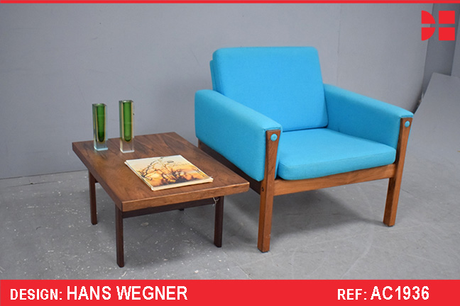 Hans Wegner vintage rosewood armchair with blue fabric upholstery 