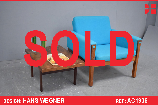 Hans Wegner vintage rosewood armchair with blue fabric upholstery 