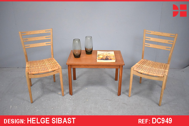 Vintage HELGE SIBAST design dining chairs with cane woven seat.