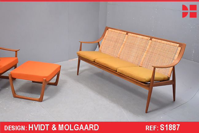 Vintage teak 3 seat sofa with cane back | Hvidt & Molgaard design
