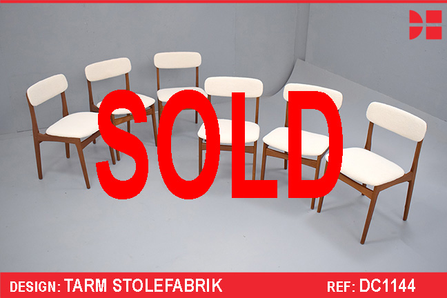 Set of 6 teak dining chairs in NEW cream boucle upholstery | TSM