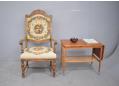 Danish throne chair with oak frame & cross stitch upholstery for sale.