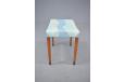 1960s production teak leg footstool with blue upholstery