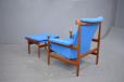 NEW HALLINGDAL upholstered teak Bwana chair with ottoman, 1961 Finn Juhl design.