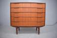 1960s chest of 5 drawers with bow fronted design with solid teak carved handles