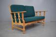 Small 2 seater sofa in solid oak with green cushions - view 3