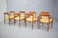 Set of 8 teak frame dining chairs with woven papercord seats for sale