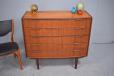 Bow fronted midcentury design chest of 5 drawers in teak produced by Danish Homestore