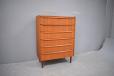 Storage chest in teak with tapering round legs support it