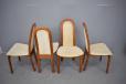 High backed teak dining chairs with restored wood and in need of new upholstery