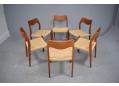 6 model 71 teak framed dining chairs with woven papercord  seats by Niels Moller.