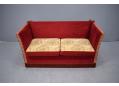 Floral pattern on reversible cushions, red velour upholstered low back 2 seat sofa