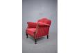 Large antique armchair with dark wood carved detail and red veloiur upholstery - view 5