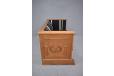 Antique Danish oak trunk with iron carry handles in striped wool upholstery