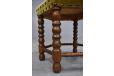 Hexagonal stool in vintage oak with hand embroided seat made in Denmark