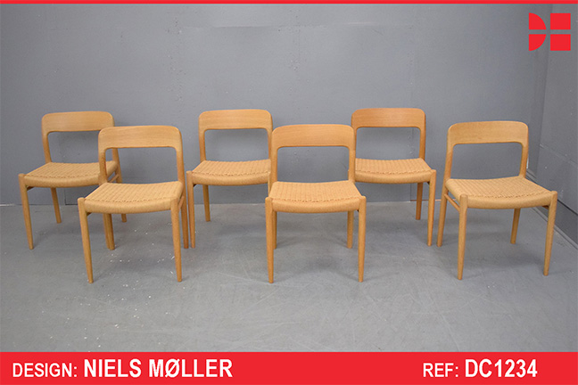 Set of 6 oak frame model 75 dining chairs by Niels Moller