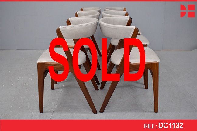 Set of 6 vintage teak dining chairs with grey leather upholstery