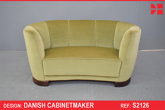 Green velour kidney sofa produced by Danish Cabinetmaker