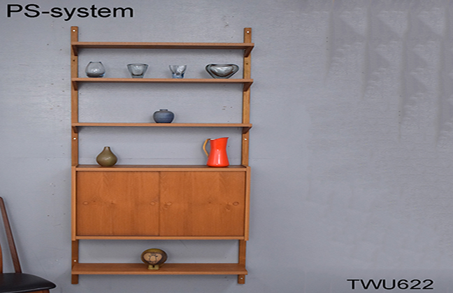 Vintage PS-system shelving in teak with 4 shelves and cabinet.