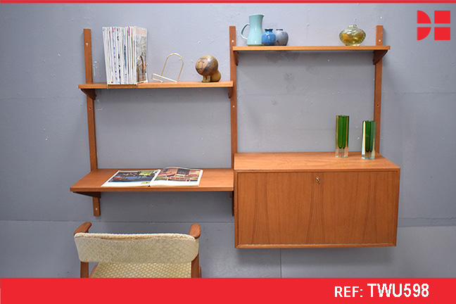 Vintage teak shelving system with 3 shelves and cabinet