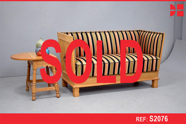 Vintage 2 seater light oak trunk sofa with striped upholstery