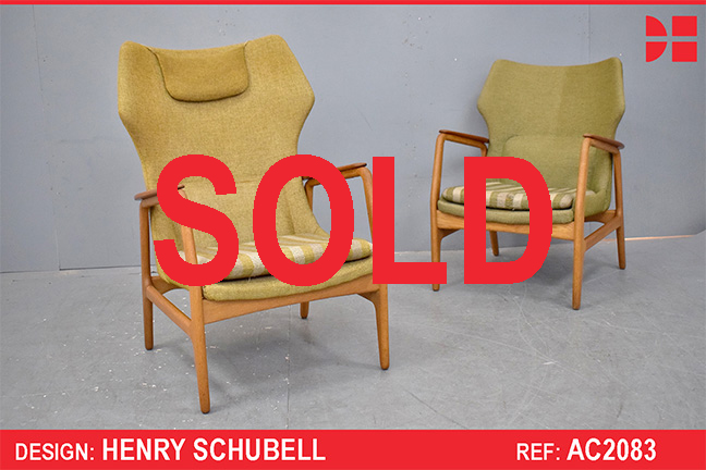 High-back MS8 armchair in green wool upholstery | Henry Schubell design