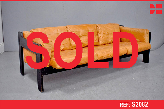 Vintage orange leather 3 seater sofa with black lacquer oak frame