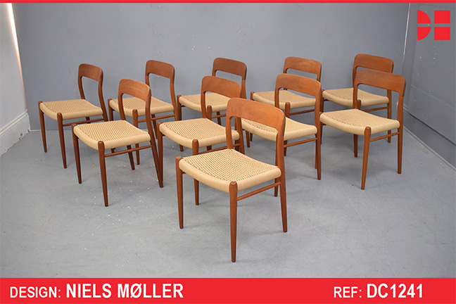 Set of 10 teak dining chairs model 75 by Niels Moller with new papercord