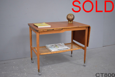 Hostess trolley in teak oak and cane with serving tray